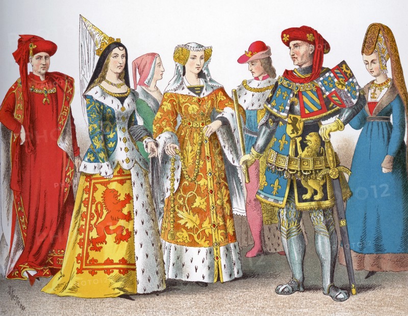 The figures pictured here represent French people around A.D. 1400. They are, from left to right: Knight of the Golden Fleece, princess, female citizen, princess, king, Philip the Good (Duke of Burgundy), princess. The illustration dates to 1882.