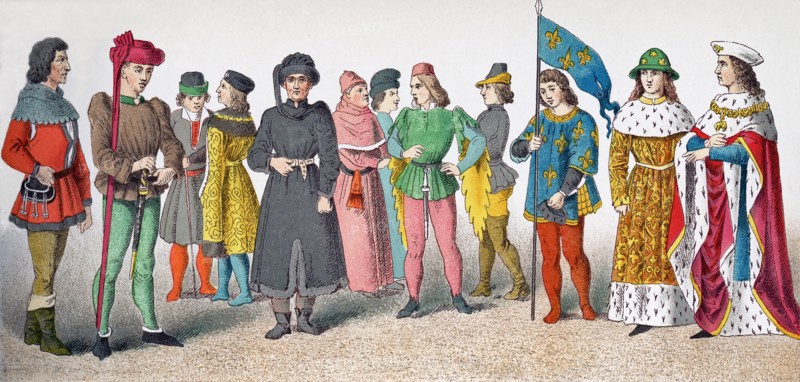 The figures represented here are French people around A.D. 1400. They are, from left to right: citizen, Charles VII, citizen, two men of rank, man of learning, citizen, page, citizen, herald, and two princes. The illustration dates to 1882.