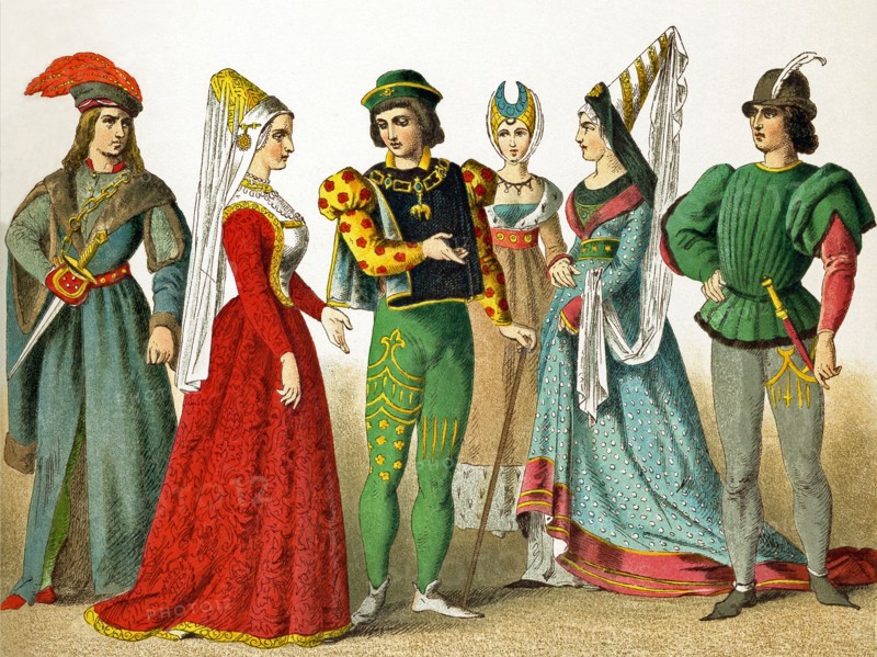 The figures represented here are French people in the 1400s. They are, from left to right: nobleman, noble lady, nobleman, two noble ladies, nobleman. The illustration dates to 1882.