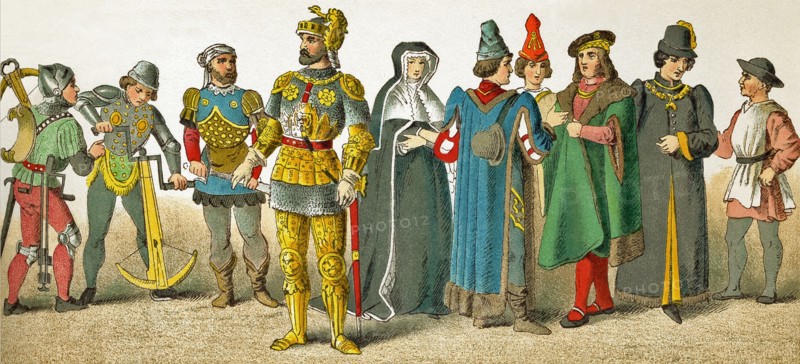 The figures represented here date to the A.D. 1400s. They represent, from left to right: two crossbow men, two knights, widow, four men of rank, a citizen. The illustration dates to 1882.
