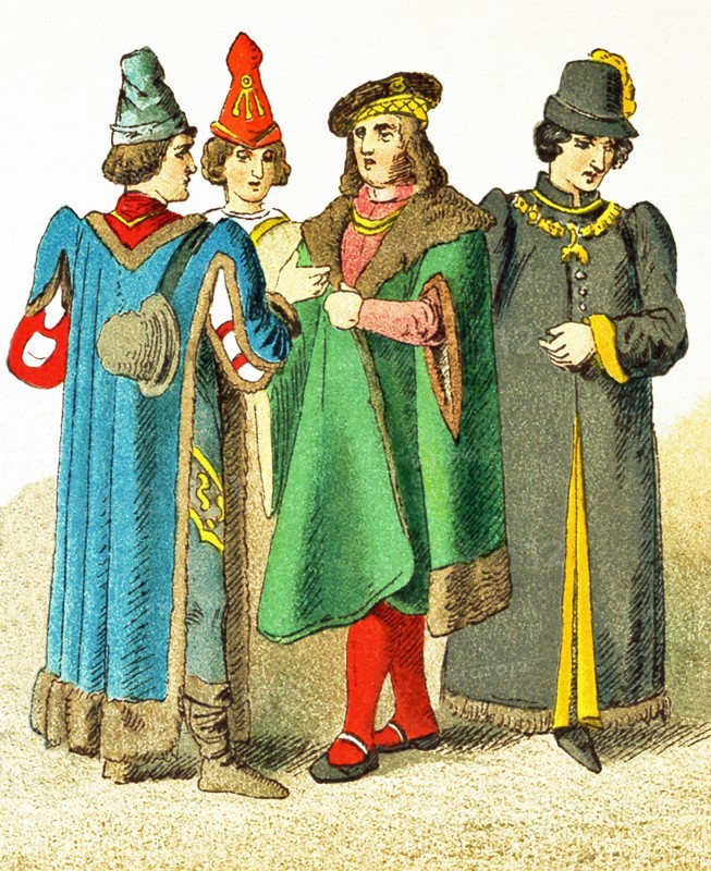The figures represented here date to the A.D. 1400s. They represent four Frenchmen of rank. The illustration dates to 1882.