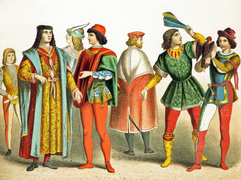 The Italian figures represented date to A.D. 1400. They are, from left to right: Florentine, two men of rank in Milan, two men of rank in Venice, young Italian man, Florentine. The illustration dates to 1882.