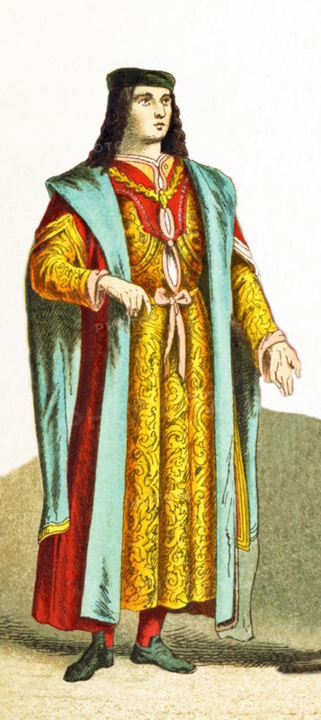 The Italian figure represented date to A.D. 1400. He is a man of rank in Milan. The illustration dates to 1882.