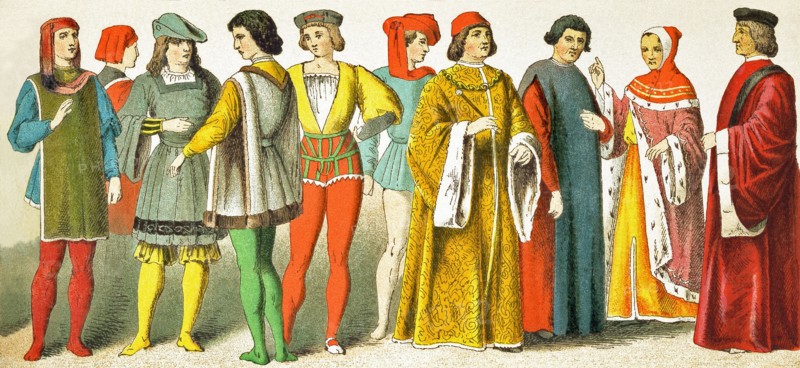 The Italian figures represented date to A.D. 1400. They are, from left to right: a Venetian, two Florentines, page, young Italian, page, young Italian, magistrate, scholar, Florentine magistrate, Venetian senator. The illustration dates to 1882. .