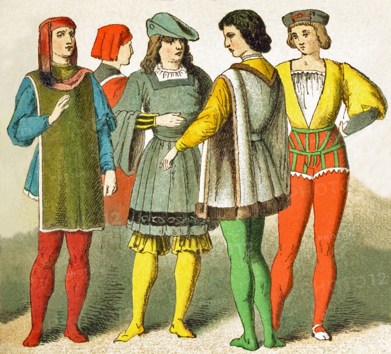 The Italian figures represented date to A.D. 1400. They are, from left to right: a Venetian, two Florentines, page, and a young Italian. The illustration dates to 1882. .