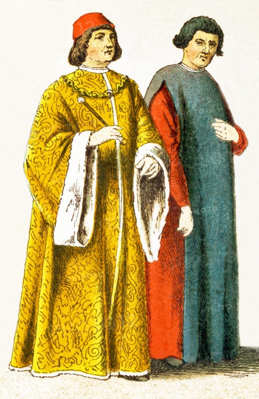 The Italian figures represented date to A.D. 1400. They are, from left to right: an Italian magistrate, scholar, Florentine magistrate, Venetian senator. The illustration dates to 1882. .