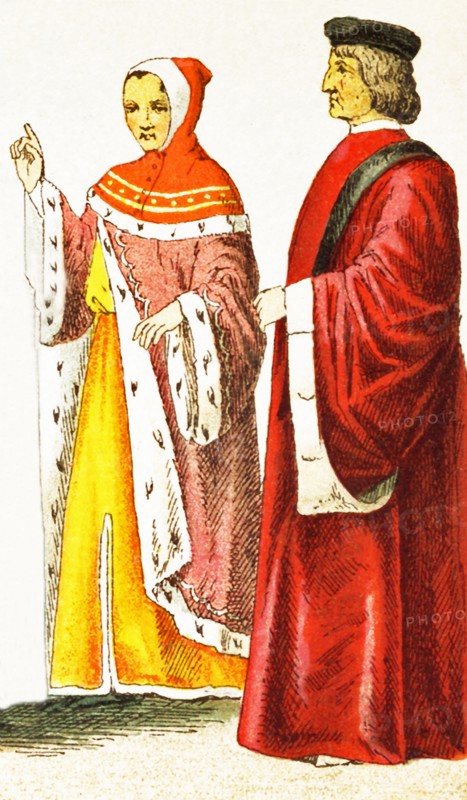 The Italian figures represented here date to A.D. 1400. They are, from left to right: a Florentine magistrate and a Venetian senator. The illustration dates to 1882. .