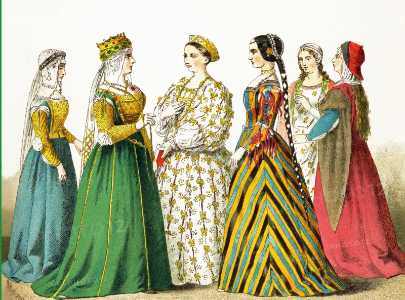 The figures represented in this illustration date to the 1400s. They are, from left to right: noble lady, Queen Catarina Cornaro of Cyprus, noble ladies.