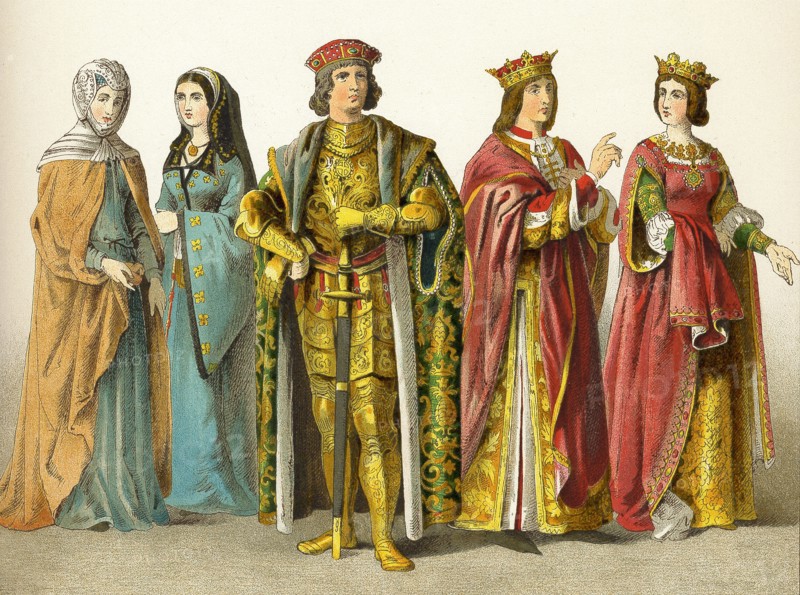 The figures here represent Spanish nobility and royalty in the 1400s. They are, from left to right: two ladies of rank, count, King Ferdinand, and Queen Isabelle. The illustration dates to 1882.