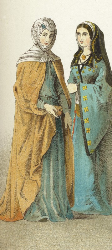 The figures here represent two Spanish ladies in the 1400s. The illustration dates to 1882.