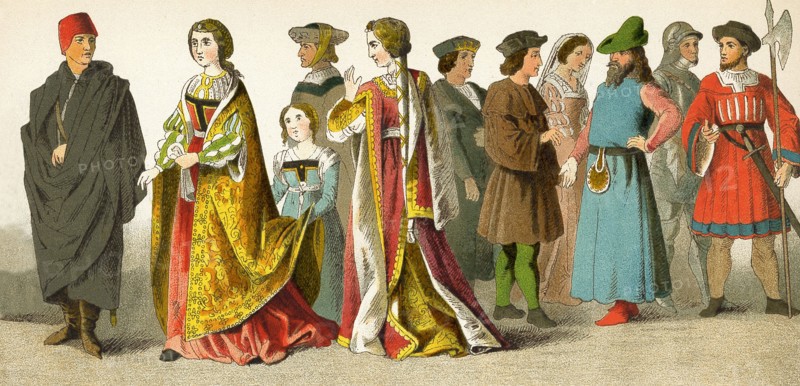 The figures pictured here represent Spanish in the 1400s. They are, from left to right: King Henry IV (died 1474), Princess and attendant, knight, princess, Ferdinand the Catholic, man of rank, lady of the court, man of rank, knight, soldier. The illustration dates to 1882.