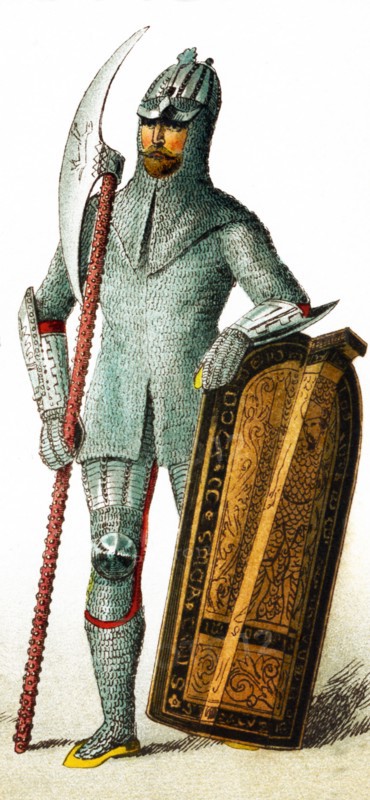 The figure here represents a Bohemian warrior in A.D. 1400. Bohemia was an historic province in western Czechoslovakia with its capital at Prague. The illustration dates to 1882.