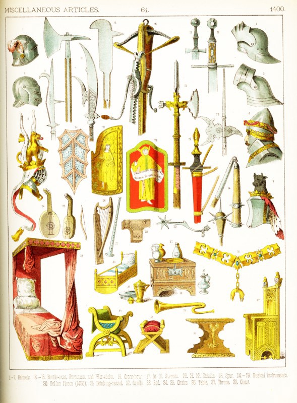 The medieval artifacts shown here are European and date to around 1400. They are: 1-7: helmets; 8-15: battle axes, partisans, war-clubs; 16: crossbow; 17-19: swords; 20-22: shields; 23: spur; 24-29: musical instruments; 30: Golden Fleece (1430); 31: drinking vessel; 32: cradle; 33: bed; 34-35: chairs; 36: table; 37: throne, 38: chest.This illustration dates to 1882.