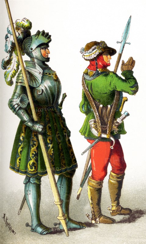 The figures represented here are Germans between 1500 and 1550. They are, from left to right: a knight and a hunstman.This illustration dates to 1882.