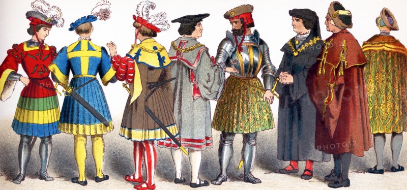 The figures represented here are Germans between 1500 and 1550. They are, from left to right: two knights, two citizens of rank in court costume, a knight, three citizens of rank in court costume. The illustration dates to 1882. .