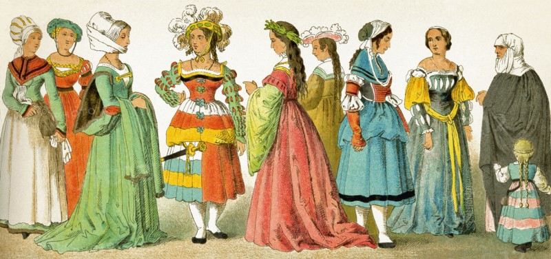 The women represented here are Germans who date to 1500-1550. The illustration dates to 1882.