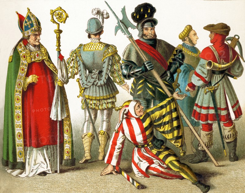 The figures represented here are Germans between 1500 and 1550. They are, from left to right: a bishop, a knight, a fool (seated), Georg Frundsberg (commander in chief to George V), man of rank, huntsman. The illustration dates to 1882.