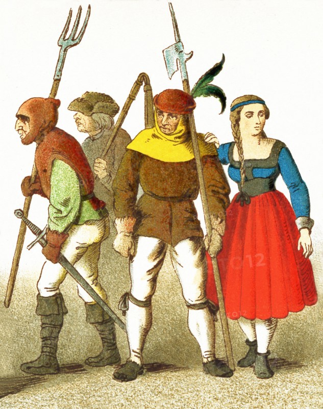 The figures pictured here are Germans between 1500 and 1550. They represent, from left to right: three peasants of the Shoe League and a female peasant. The illustration dates to 1882. .