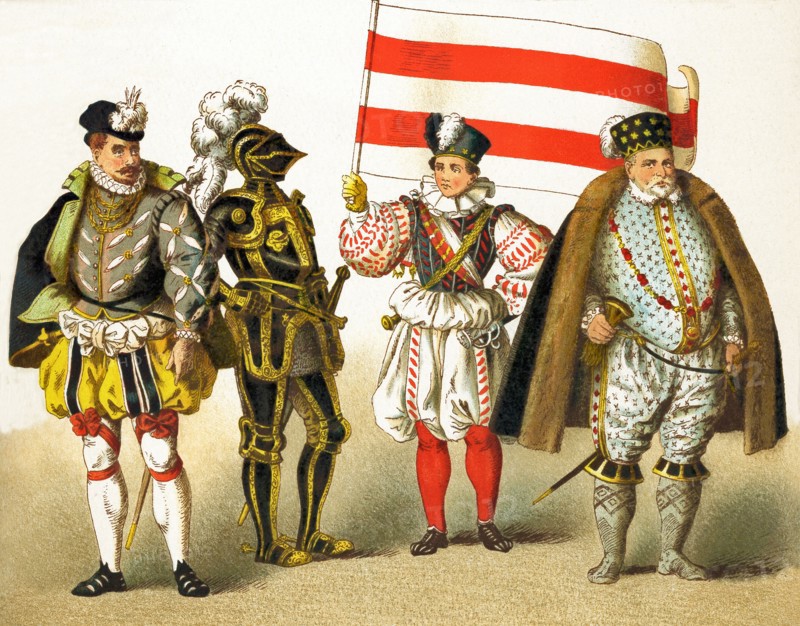 The figures in this illustration represent Germans from 1550 to 1600. They are, from left to right: a nobleman, a knight, an ensign, and the Margrave of Brandenburg Joachim II Hector (the first Protestant Elector of Brandenburg). The Margraviate of Brandenburg was a key area in the Holy Roman Empire from 1157 to 1806. The illustration dates to 1882.