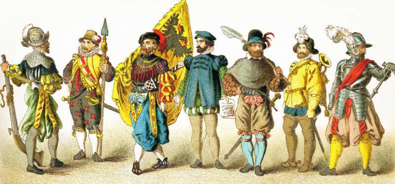 The figures in this illustration show Germans between 1550 and 1600. They are, from left to right: a soldier, an armed citizen, an ensign, a provost marshal, a sapper, a trumpeter, and a captain. The illustration dates to 1882.