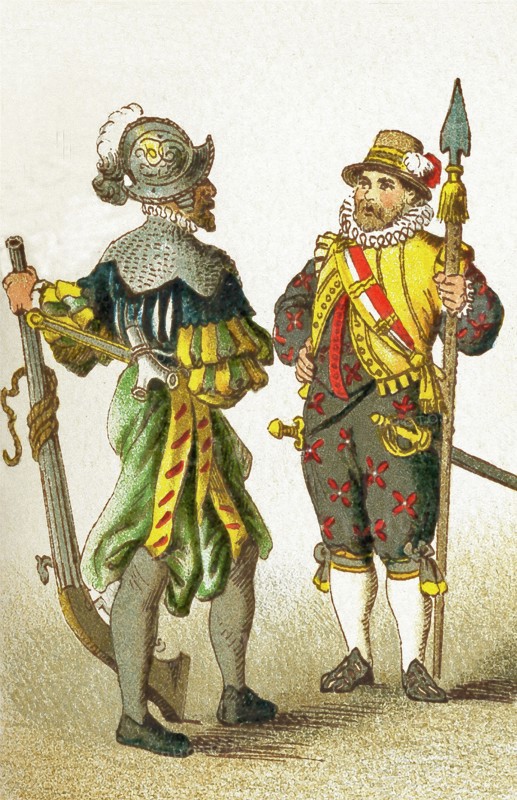 The figures in this illustration show Germans between 1550 and 1600. They are, from left to right: a soldier and an armed citizen. The illustration dates to 1882.