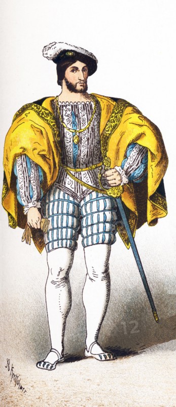 The figure represented here is Francis I, who died in 1547. Francis I was the first king of France from the Angouleme branch of the House of Valois. He was key to initiating the French Renaissance. Also under his rule, the expansion of first French colonial Empire. He ruled 1515 to his death in 1547. This illustration dates to 1882.