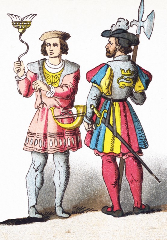 The figures represented here are French people between 1550 and 1600. They are, from left to right, a huntsman and a bodyguard. This illustration dates to 1882. This illustration dates to 1882.