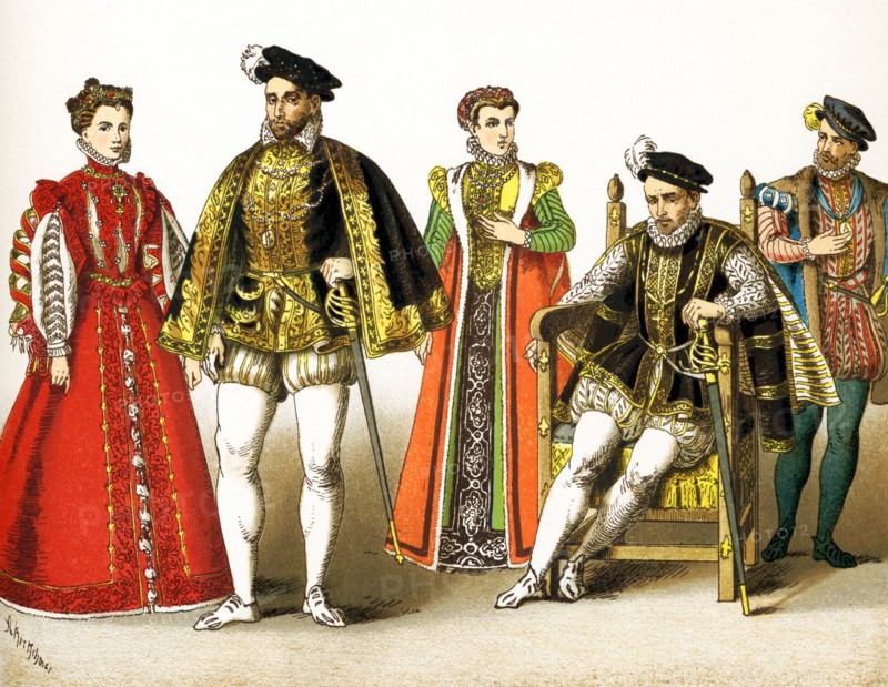 The figures represented here are all French people between 1550 and 1600. They are from left to right: Elizabeth (also Elizabeth of Valois - daughter of Henry II, third wife of Philip II of Spain), Henry II (died 1559); consort of Charles IX; Charles IX and Charles IX (died 1574). This illustration dates to 1882.