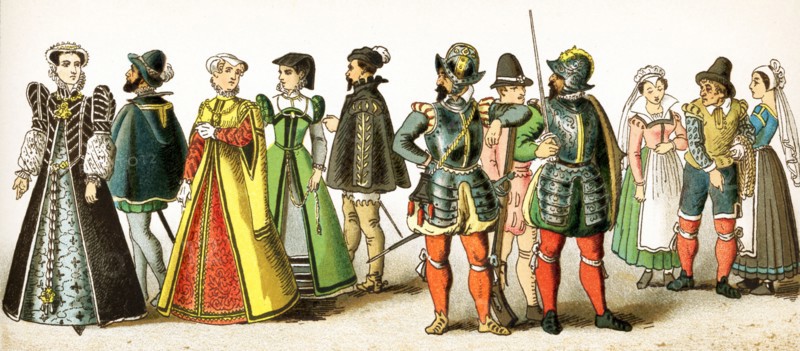 The figures represented here are all French people between 1550 and 1600. They are from left to right: Catherine de Medici (died 1589), a man of rank, two women of rank, a nobleman, a musketeer, a soldier, an officer, three people of the lower classes (a mariner and two women). This illustration dates to 1882.