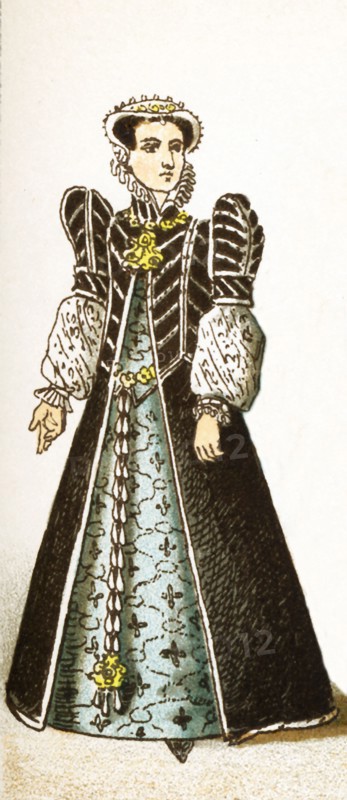 The figure represented here Catherine de Medici, who died in 1589. Catherine was an Italian noblewoman who was queen of France from 1547 until 1559, by marriage to King Henry II. This illustration dates to 1882.