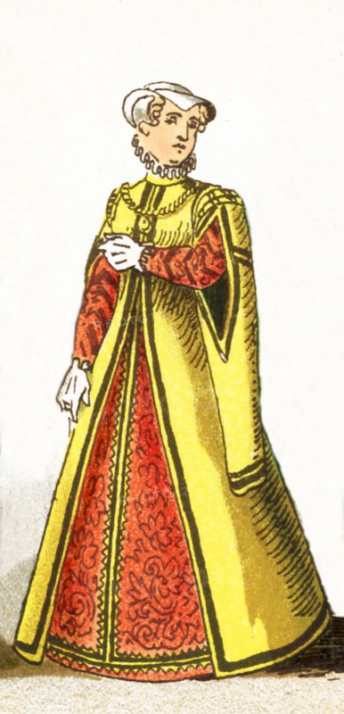 The figures represented here are all French people between 1550 and 1600. They are from left to right: Catherine de Medici (died 1589), a man of rank, two women of rank, a nobleman, a musketeer, a soldier, an officer, three people of the lower classes (a mariner and two women); Elizabeth (also Elizabeth of Valois - daughter of Henry II, third wife of Philip II of Spain), Henry II (died 1559); consort of Charles IX; Charles IX and Charles IX (died 1574). This illustration dates to 1882.