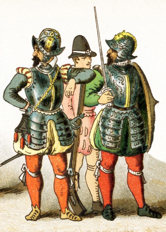 The figures represented here are all French people between 1550 and 1600. They are from left to right: a musketeer, a soldier, an officer. This illustration dates to 1882.