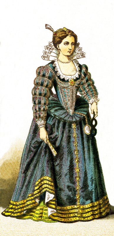 The figure represented here is a lady of the French court between 1550 and 1600. The illustration dates to 1882.