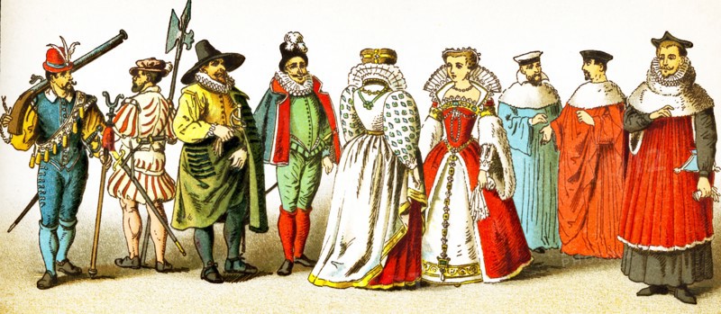 The figures represented here are French people between 1550 and 1600. They are, from left to right: a guard under Charles IX and Henry III, a Swiss guard, a soldier, two court costumes, Louisa of Lorraine the consort of Henry III, chancellor, president of Parliament, doctor of medicine. The illustration dates to 1882.