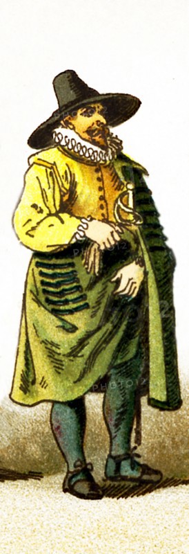 The figure represented here is a French soldsier between 1550 and 1600. The illustration dates to 1882.