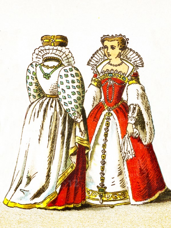 The figures represented here are French people between 1550 and 1600. They are, from left to right: a court costumes worn by a noble lady at the time and Louisa of Lorraine the consort of Henry III. The illustration dates to 1882.