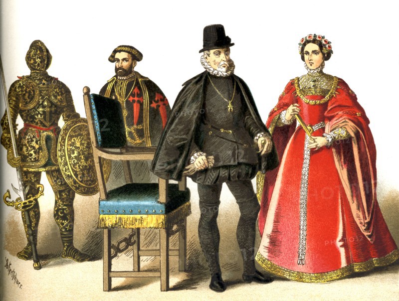 Philip II of Spain (1527-1598)‚Äîpictured second from right‚Äîcontinued his father's war against France and at the Treaty of Cateau- Cambresis made Spain the chief power of Europe. The destruction of the Spanish Armada in 1588 made British seapower supreme. In this 1882 illustration, he is pictured with his first wife, Mary of Portugal. To their left are a Knight of the Order of St. James and the Duke of Alva in full armor. The duke served as the Spanish governor of the Netherlands under Philip II.