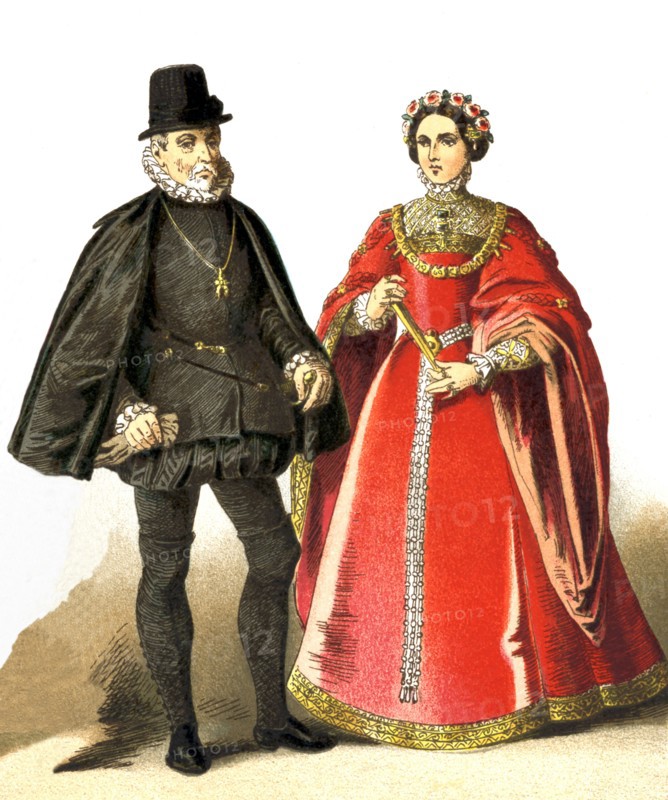 Philip II of Spain (1527-1598) continued his father's war against France and at the Treaty of Cateau- Cambresis made Spain the chief power of Europe. However, the destruction of the Spanish Armada in 1588 made British seapower supreme. In this 1882 illustration, he is pictured with his first wife, Mary of Portugal.