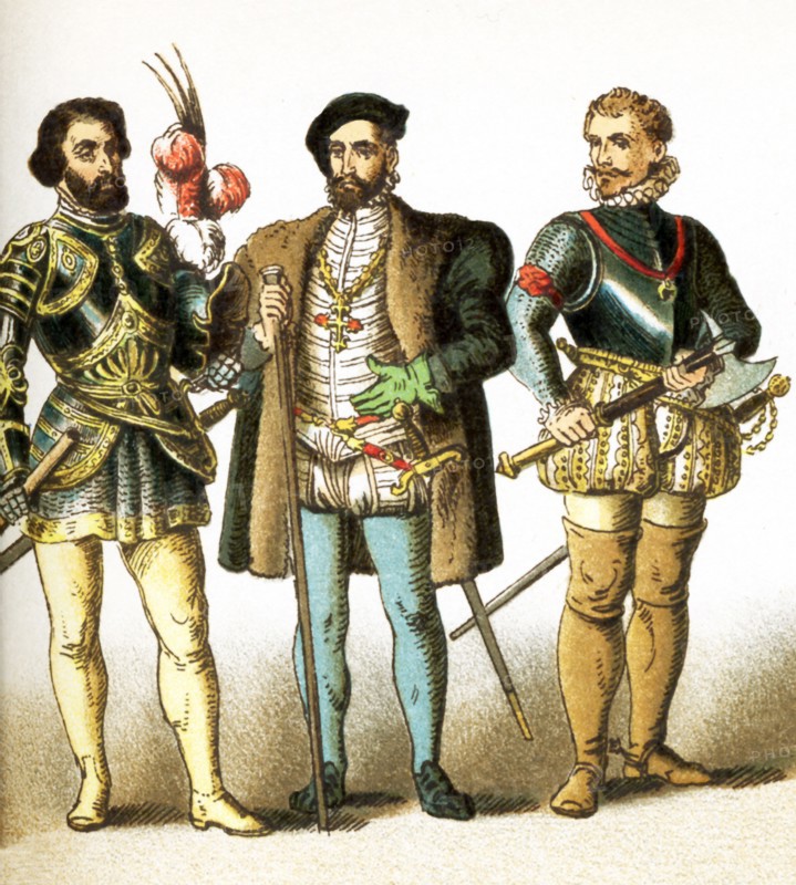 The figures represent Spanish men from A.D. 1500-1600. They are, from left to right: Ferdinand Cortez (died 1547); Don Louis Quijada, General of Charle V (died 1570); and Don John of Austria (died 1578). The illustration dates to 1882.