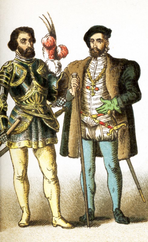 The two figures represent the Spaniards Ferdinand Cortez (died 1547) and Don Louis Quijada, General of Charle V (died 1570); The illustration dates to 1882.