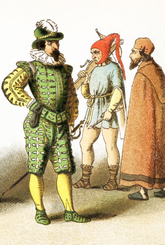 The figures represent Spanish men from A.D. 1500-1600. They are from , left to right: soldier, Biscayan peasant, and costume of the common people. The illustration dates to 1882.