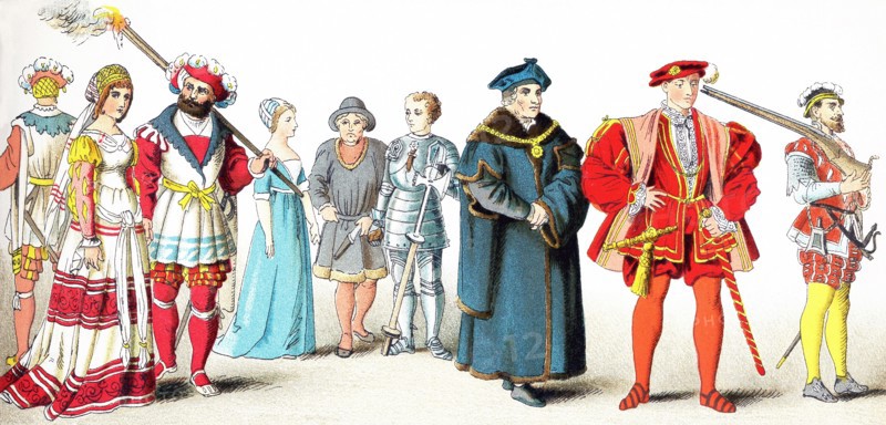 The figures pictured here represent English people between 1500 and 1550. From left to right, they are: three people of high rank, two citizens, a knight, Chancellor Sir Thomas More in 1535, the Earl of Surrey in 1540, and a soldier. The illustration dates to 1882.