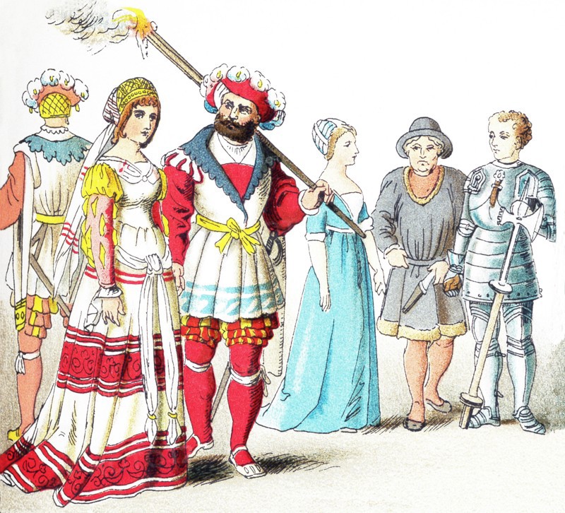 The figures pictured here represent English people between 1500 and 1550. From left to right, they are: three people of high rank, two citizens, and a knight. The illustration dates to 1882.
