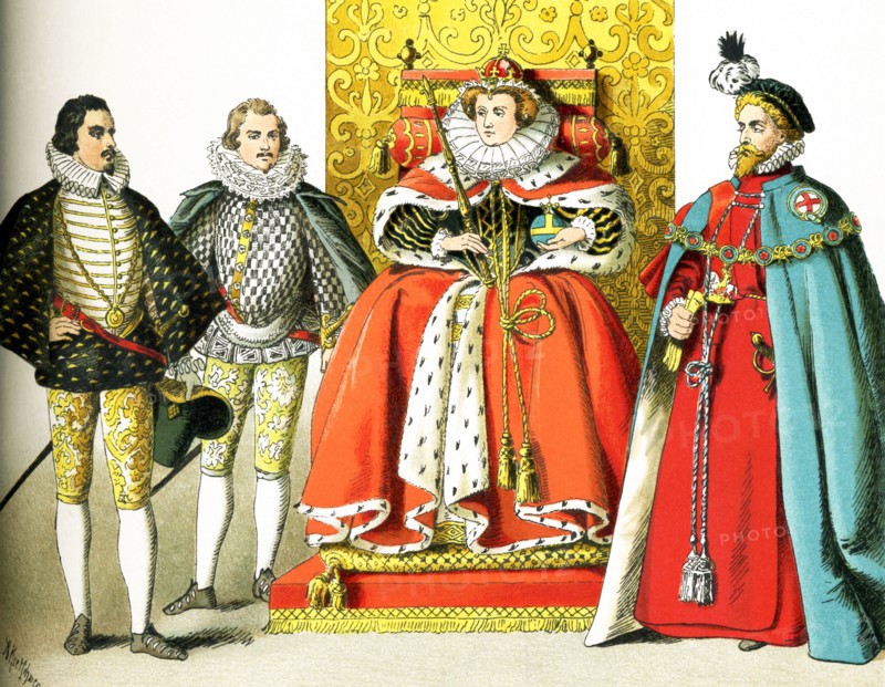 The figures here represent English nobles and royals between 1550 and 1600. From left to right, they are: two noblemen, Queen Elizabeth I, and a knight of the Order of the Garter. The illustration dates to 1882.