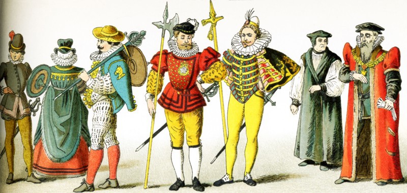 The figures in this image represent English men and a woman from the period A.D. 1550 to 1600. They are, from left to right: a soldier, a lady of rank, a soldier, two halberdiers, a bishop, and the Lord Mayor of London. This illustration dates to 1882.