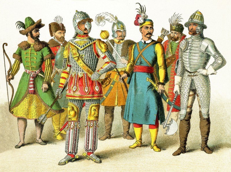 The figures pictured here are Slavs in 1500. They represent, from left to right: Russian warrior, King of Poland, Polish chief, Hungarian chief, Hungarian warrior, Hungarian prince, and Hungarian warrior. The illustration dates to 1882.