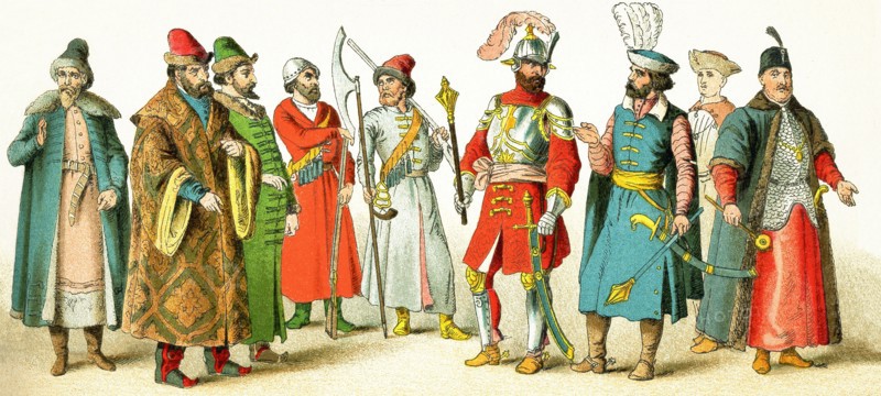 The Slavonic figures pictured here date to 1500. They represent, from left to right: a Russian merchant, two Russian grandees (noblemen), two people from Strelitz, two Hungarian chiefs and a Hungarian prince, and a Polish grandee. Slavs lived chiefly in eastern and southeastern Europe. The illustration dates to 1882.