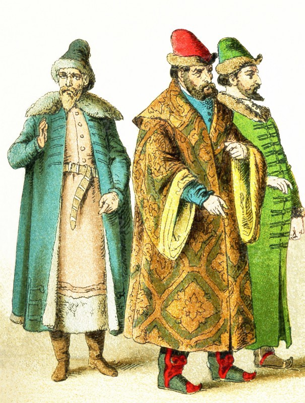 The Slavonic figures pictured here date to 1500. They represent, from left to right: a Russian merchant and two Russian grandees (noblemen). Slavs lived chiefly in eastern and southeastern Europe. The illustration dates to 1882.