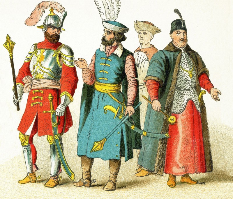 The Slavonic figures pictured here date to 1500. They represent, from left to right: two Hungarian chiefs, a Hungarian prince, and a Polish grandee. Slavs lived chiefly in eastern and southeastern Europe. The illustration dates to 1882.