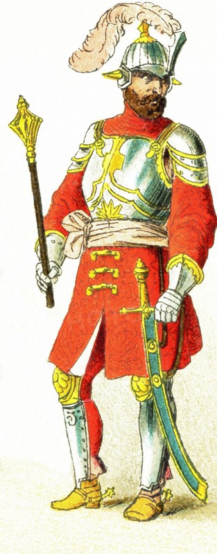 The Slavonic figure pictured here dates to 1500 and represents a Hungarian chief. Slavs lived chiefly in eastern and southeastern Europe. The illustration dates to 1882.